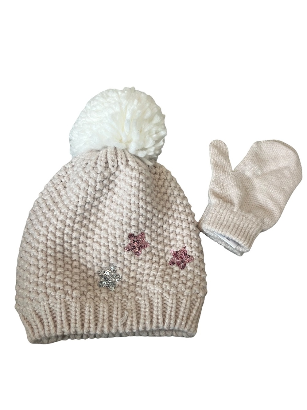 Nicole Miller Cream Knit Pom Hat with Sequin Star Accents w/ Glove Size: 2T-4T.